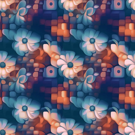 Seamless floral pattern with daisies in blue and orange colors. Flowers seamless pattern. Floral decorative background. Digital oil painting raster bitmap illustration.の素材