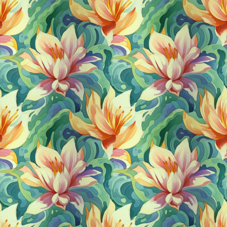 Lotus flowers watercolor seamless pattern. Floral nature decorative background. Raster bitmap illustration. Seamless pattern with water lilies. Hand-drawn illustration.の素材