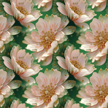 Seamless pattern with pink flowers on green background. Floral wallpaper.の素材