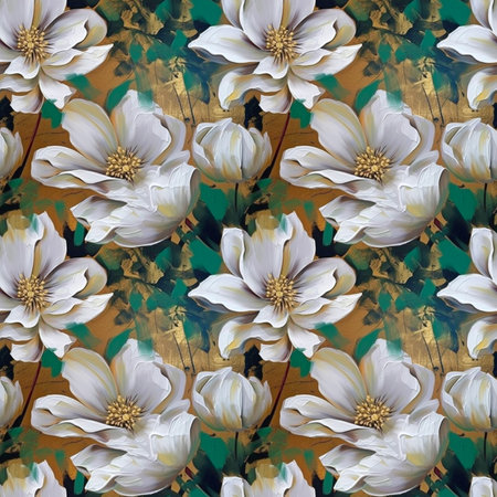 Seamless floral pattern. White flowers on a green background. Raster bitmap illustration. Digital painting style.の素材