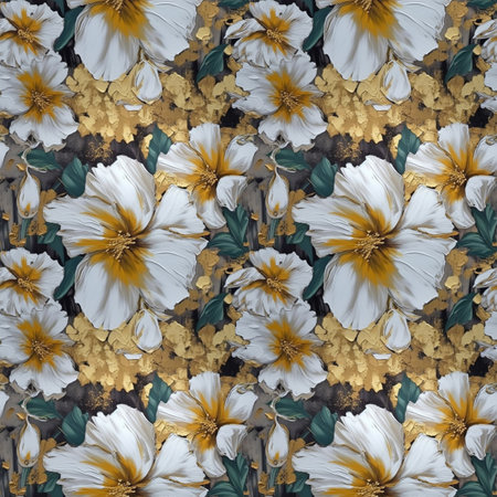 Seamless pattern with white and yellow hibiscus flowers. Floral background. Raster bitmap illustration. Digital painting style.の素材