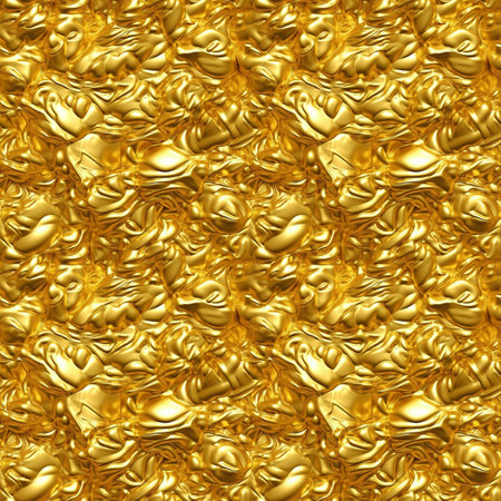 Golden metal surface seamless pattern. Yellow gold texture background. Luxury risch style wallpaper. Digital artistic artwork raster bitmap illustration. Graphic design art.の素材