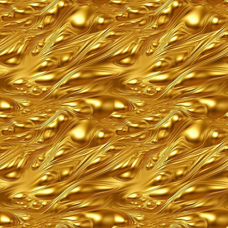 Golden metal surface seamless pattern. Yellow gold texture background. Luxury risch style wallpaper. Digital artistic artwork raster bitmap illustration. Graphic design art.の素材