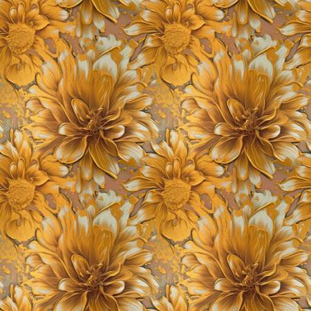Abstract golden flowers seamless pattern. Gold floral nature decorative background. Digital painting raster bitmap illustration. Graphic design art.の素材