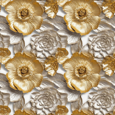 Abstract decorative embossed flowers seamless pattern. Floral nature decorative silver and gold relief vintage background. Digital raster bitmap illustration. Graphic design art.の素材