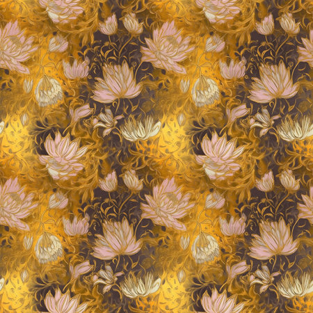 Abstract golden flowers seamless pattern. Gold floral nature decorative background. Digital painting raster bitmap illustration. Graphic design art.の素材