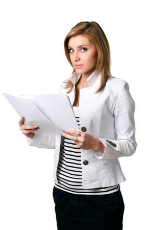 business woman with papers on a white backgroundの写真素材