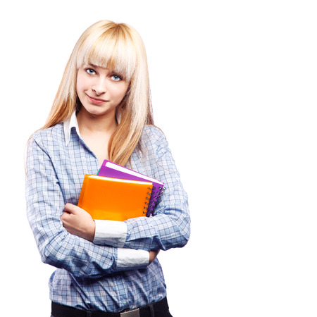 beautiful blonde student with notebooksの写真素材