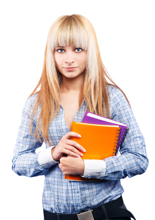 beautiful blonde student with notebooksの写真素材