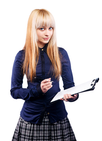 beautiful blonde with a folder for papers and penの写真素材