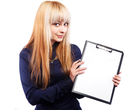 beautiful blonde with a folder for papers and penの写真素材