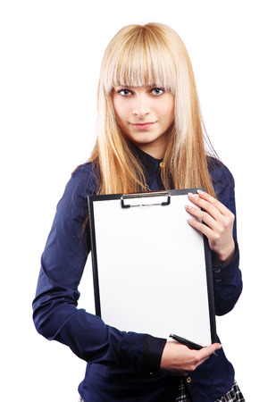 beautiful blonde with a folder for papers and penの写真素材