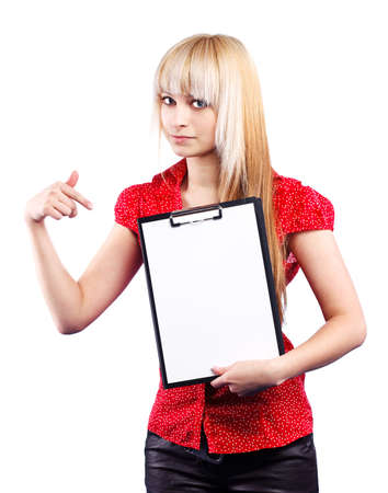 beautiful blonde with a folder for papersの写真素材