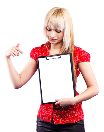 beautiful blonde with a folder for papersの写真素材