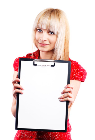 beautiful blonde with a folder for papersの写真素材
