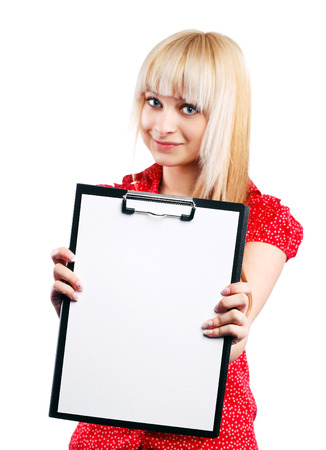 beautiful blonde with a folder for papersの写真素材