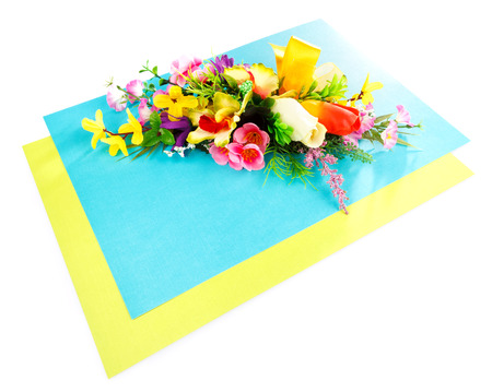 flower arrangement on a blue background with place for label isolatedの写真素材