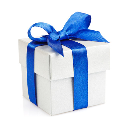 white gift box with blue ribbon and bow isolated on white top viewの写真素材