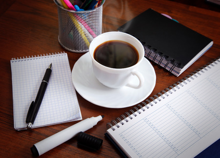 laptop and office on the desktopの写真素材