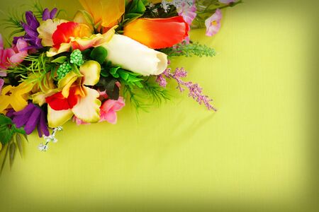 flower arrangement on a green background with blank  for advertisementの写真素材
