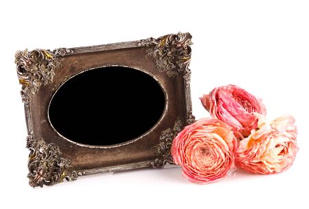 empty vintage frame with dry rose, clipping pathの写真素材