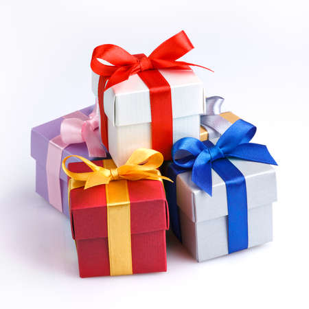 Colourful gift boxes on a white backgroundの写真素材