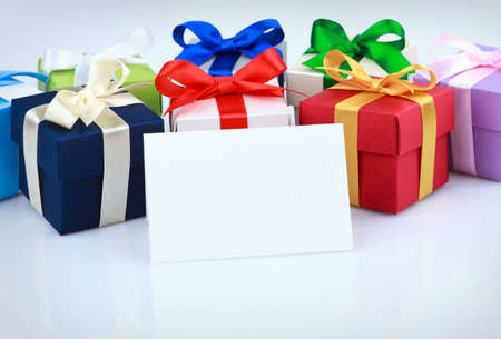 Greeting card with colored gift boxesの写真素材