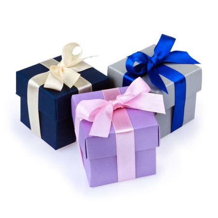 Colored gift boxes isolated on the white background with clipping pathの写真素材