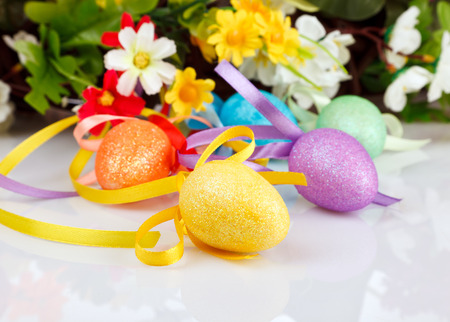 Easter eggs with flowers on a white backgroundの写真素材