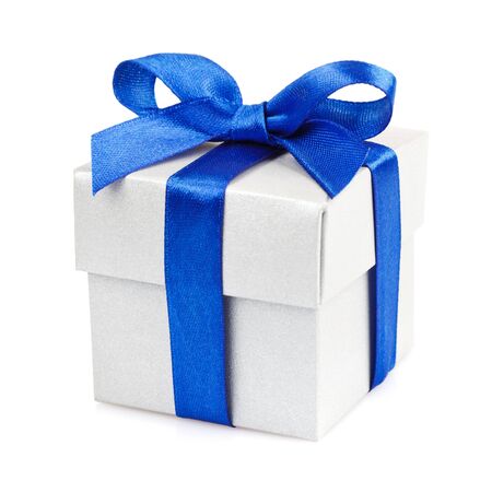 white gift box with blue ribbon and bow isolated on white top viewの写真素材