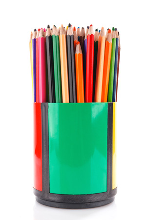 color pencils in holder isolated on a white backgroundの写真素材