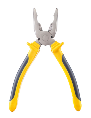 pliers with yellow - black pen isolated on whiteの写真素材