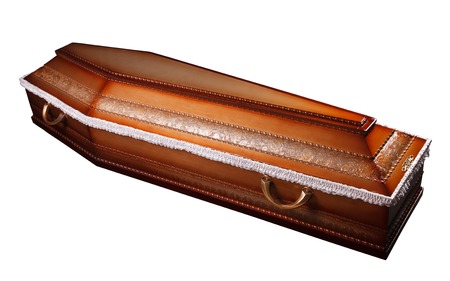 an ornate mahogany coffin casket with brass handlesの写真素材