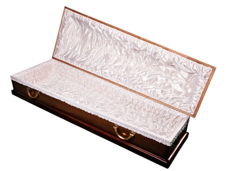an ornate mahogany coffin casket with brass handlesの写真素材