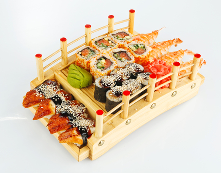 Different Types of Maki Sushi and Nigiri Sushi on white backgraundの写真素材