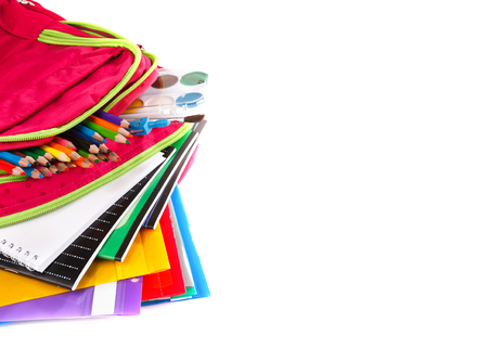 Purple backpack with school supplies, copyspaceの写真素材