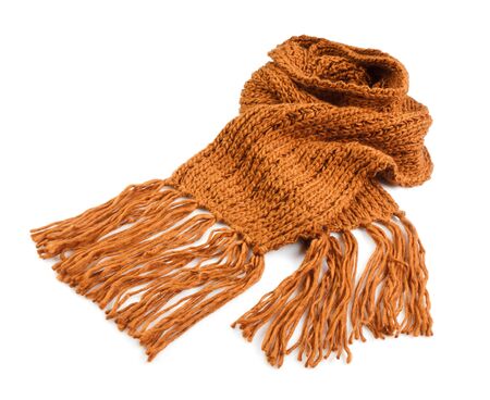 brown knitted winter scarf isolated on a white backgroundの写真素材