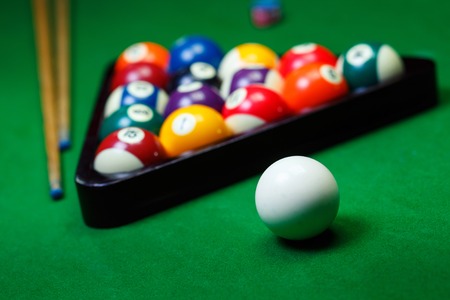 Billiard balls pool on green table, game