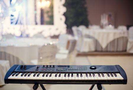 Piano Keyboard synthesizer closeup key, frontal viewの写真素材