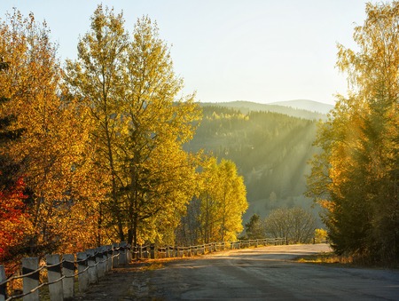 Rural landscape with old road in autumn forest against the backdrop the mountainsの写真素材