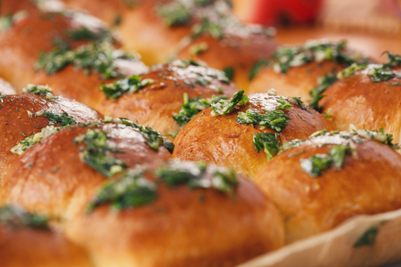 delicious Fresh homemade buns with greens closeupの写真素材