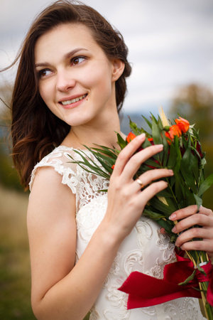 Gorgeous bride portrait, elegant woman in white wedding dress, beautiful bride conceptの写真素材