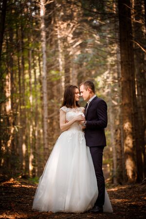 Couple in love walking in the woodsの写真素材