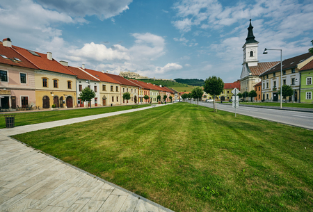 Spisske Podhradie, Slovakia, Europe. The central street of the city on the background of the castle Spis Castleの写真素材