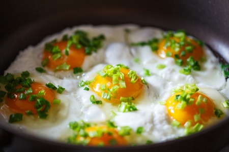 Fried eggs in a frying pan with a bow on breakfast
