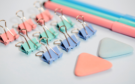 Stationery in college on the blue tableの写真素材