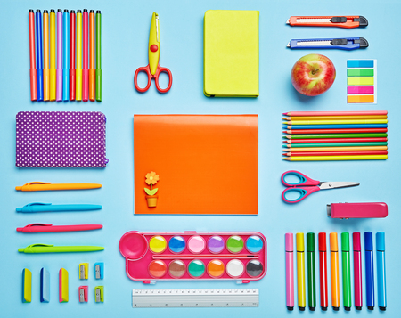 Bright composition of school stationery. Group stationery set forth in composition.の写真素材