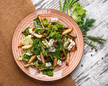 Poster for Restaurants. Refreshing salad of cabbage, green, mozzarella and fried potatoes. Flay lay. Top viewの写真素材