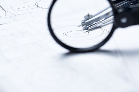 Compass on the background detail drawings. The part of architectural project. selective focusの写真素材