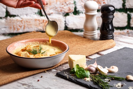 The composition on the table resembles home comfort. Delicious dishes on the table in the restaurantの写真素材